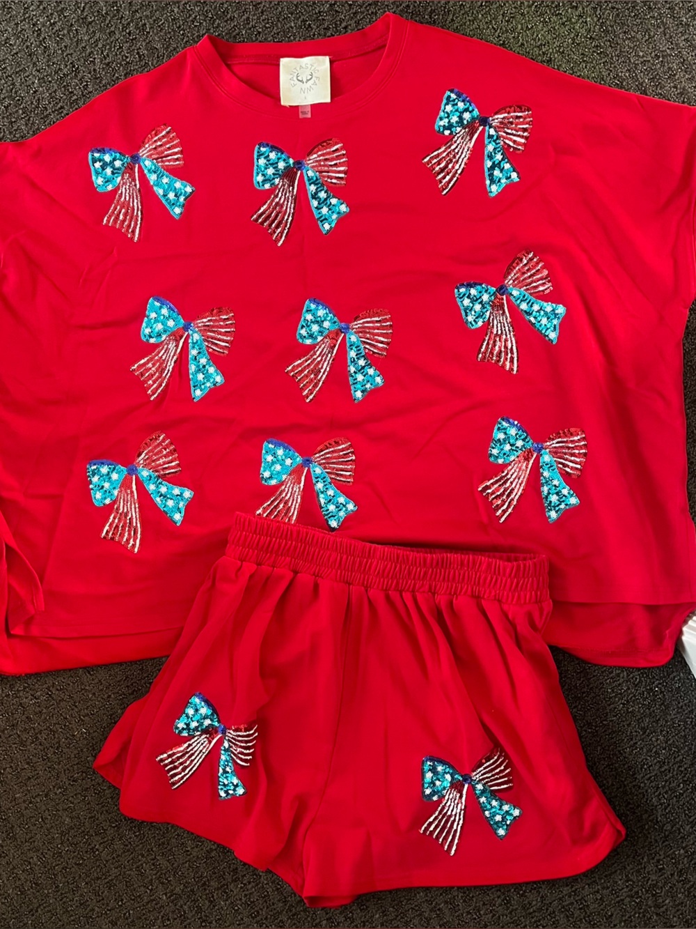 Fantastic Fawn Red Two-Piece Top and Shorts with Blue & White Star Bows